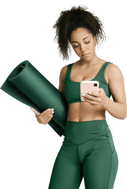 model with yoga mat and phone